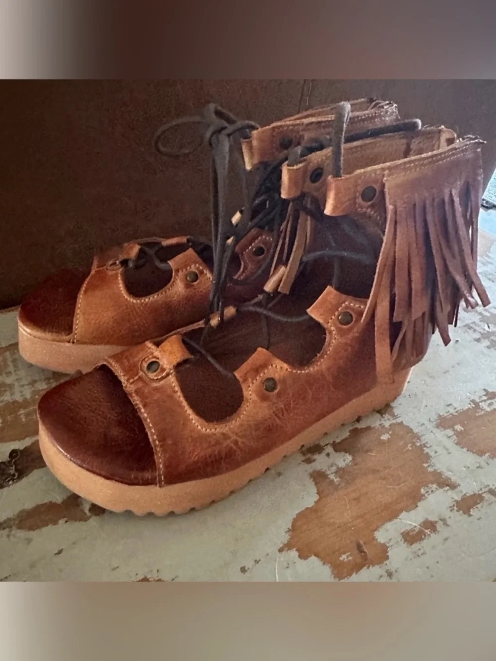 Boho BED STU Sandals Rare MADISON Boho Platform Cognac Fringe Size 7.5